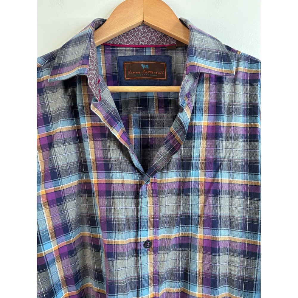James Tattersall London Mens Plaid Button Down Shirt Purple Blue Grey Size L